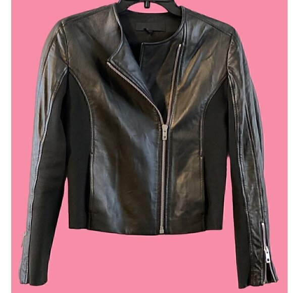 rag & bone harrison moto lamb leather jacket size 0 black zip ribbed knit panel - Picture 1 of 13